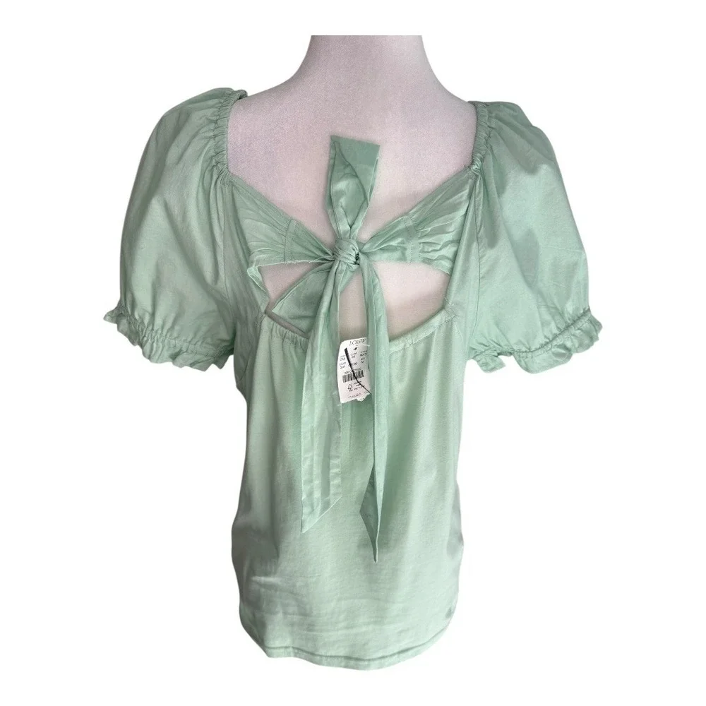 J. Crew Top Medium Green‎ Bow Tie Back Short Sleeve Blouse Summer Casual NWT